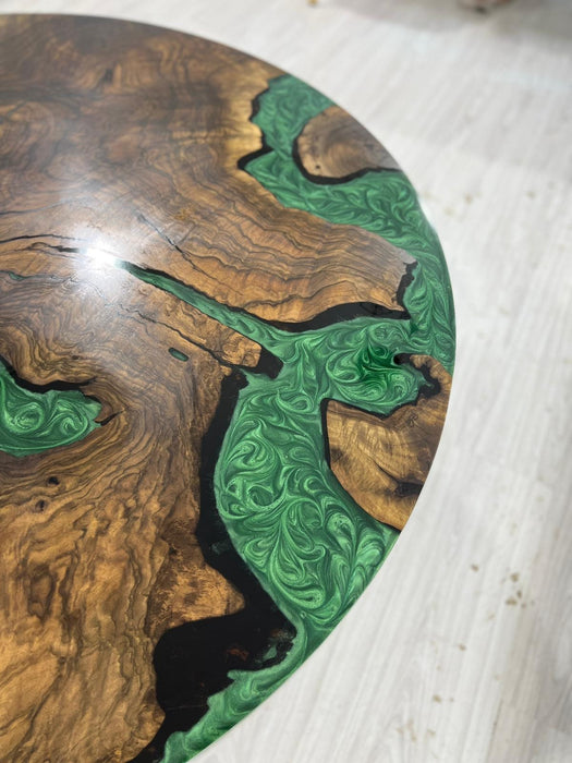 READY TO SHIP Epoxy Table, Emerald Green Epoxy Dining Table, Walnut Epoxy River Table, Custom 42” Round Walnut Epoxy Amethys Stone Table