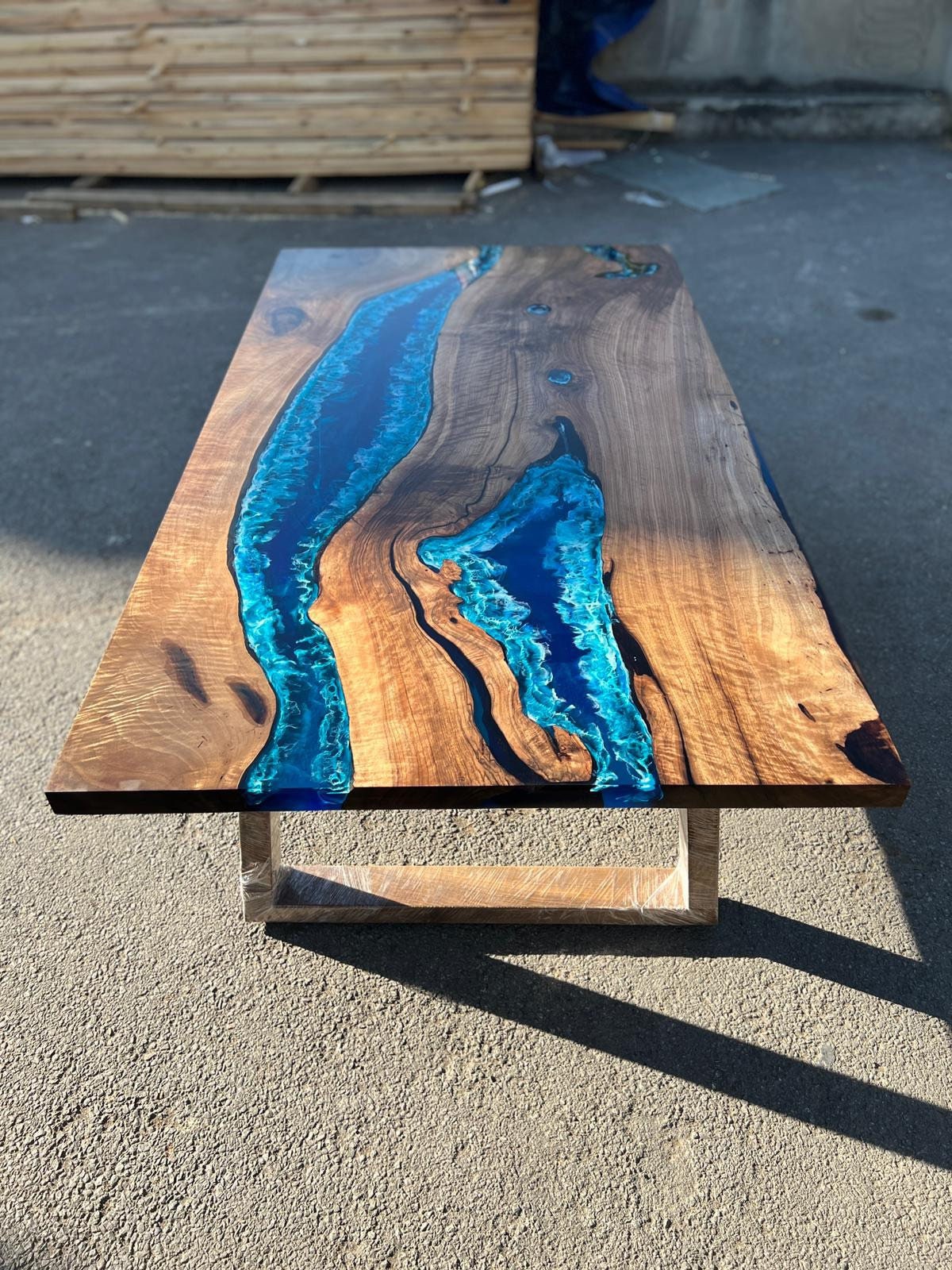 Live Edge Table, Custom 72” x 40” Walnut Wood Deep Blue and Turquoise Table, White Epoxy Table, Epoxy Resin Table, River Table, for Melissa