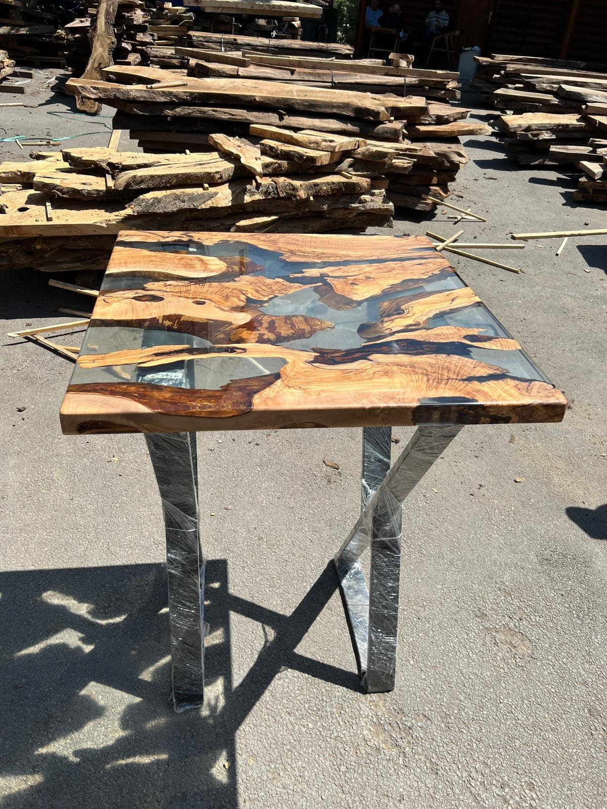 Epoxy Table, Epoxy Dining Table, Olive Epoxy River Table, Custom 32” x 32” Olive Wood Smokey Gray Table, Epoxy River Table, Order for Diana