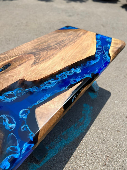 Epoxy Coffee Table, Custom 48” x 24” Walnut Ocean Blue, Turquoise White Waves Epoxy River Coffee Table Order for David, Mother gifts