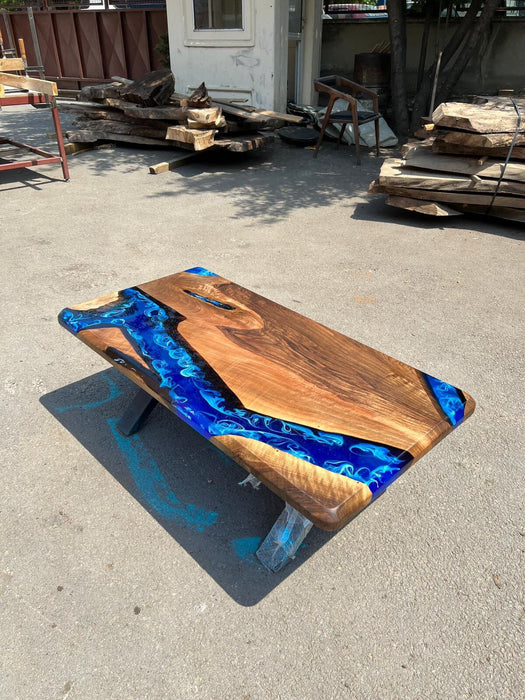 Epoxy Coffee Table, Custom 48” x 24” Walnut Ocean Blue, Turquoise White Waves Epoxy River Coffee Table Order for David, Mother gifts
