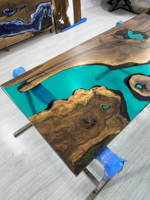 Live Edge Table, Custom 72” x 30” Walnut Translucent Transparent Turquoise Epoxy Table, Epoxy River Dining Table, Custom  Order for Kyle H