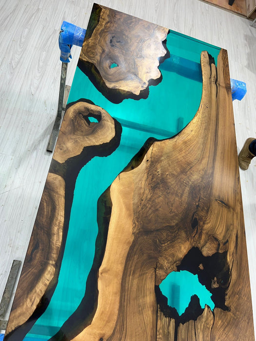 Live Edge Table, Custom 72” x 30” Walnut Translucent Transparent Turquoise Epoxy Table, Epoxy River Dining Table, Custom  Order for Kyle H