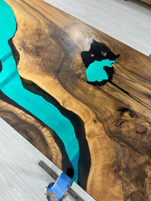 Live Edge Table, Custom 72” x 30” Walnut Translucent Transparent Turquoise Epoxy Table, Epoxy River Dining Table, Custom  Order for Kyle H