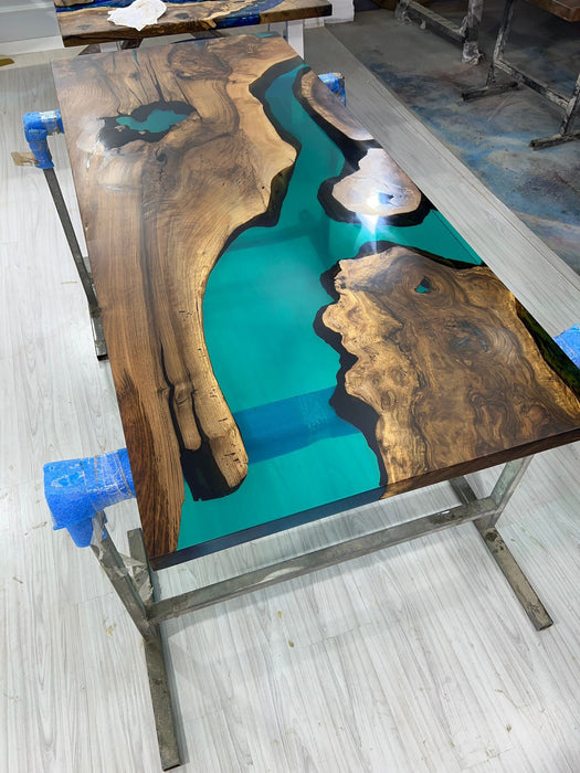 Live Edge Table, Custom 72” x 30” Walnut Translucent Transparent Turquoise Epoxy Table, Epoxy River Dining Table, Custom  Order for Kyle H