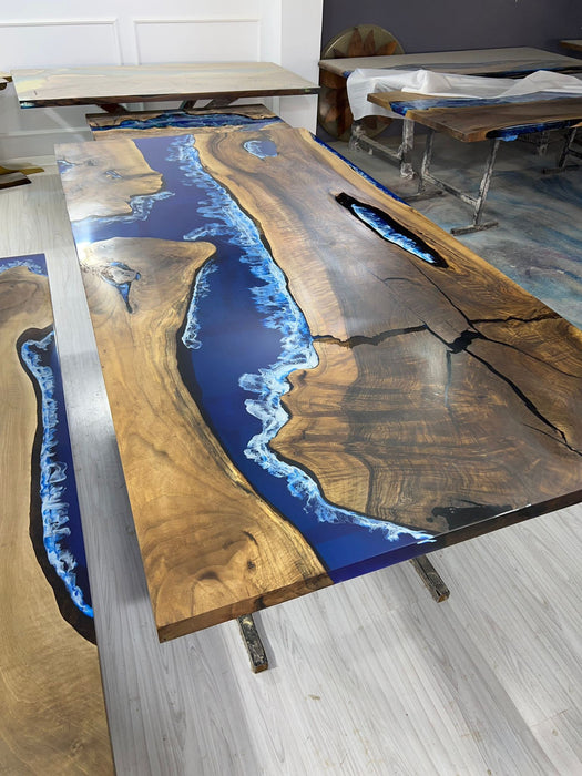 Walnut Dining Table, Live Edge Table, Custom 96” x 48” Walnut Wood Deep Blue and Turquoise, White Waves Table, Epoxy Table, for Deb&Steve