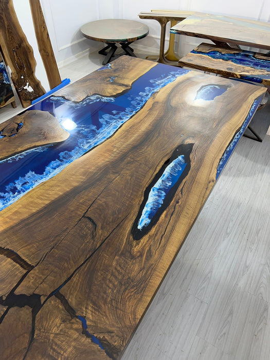 Walnut Dining Table, Live Edge Table, Custom 96” x 48” Walnut Wood Deep Blue and Turquoise, White Waves Table, Epoxy Table, for Deb&Steve