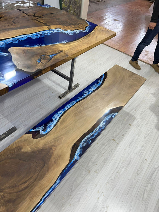 Walnut Dining Table, Live Edge Table, Custom 96” x 48” Walnut Wood Deep Blue and Turquoise, White Waves Table, Epoxy Table, for Deb&Steve