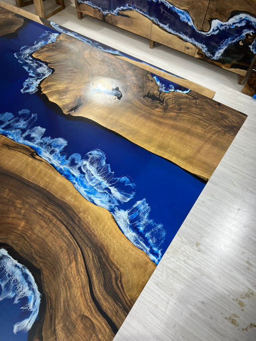 Walnut Dining Table, Live Edge Table, Custom 96” x 48” Walnut Wood Deep Blue and Turquoise, White Waves Table, Epoxy Table, for Deb&Steve