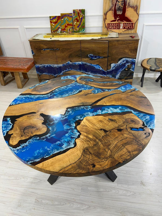 Round Dining Table, Custom 54” Diameter Round Walnut Wood Blue Table, Turquoise, White Waves Epoxy Dining Table, Custom Order for Dalaila