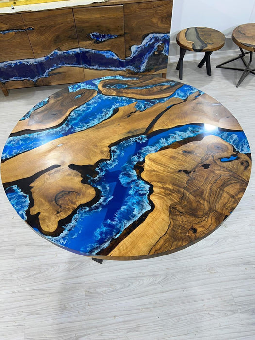 Round Dining Table, Custom 54” Diameter Round Walnut Wood Blue Table, Turquoise, White Waves Epoxy Dining Table, Custom Order for Dalaila