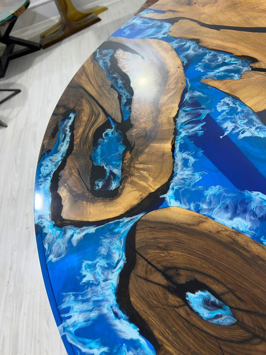 Round Dining Table, Custom 54” Diameter Round Walnut Wood Blue Table, Turquoise, White Waves Epoxy Dining Table, Custom Order for Dalaila