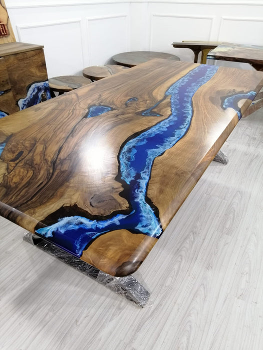 Live Edge Table, Epoxy Dining Table, Epoxy Resin Table, Custom 96” x 45” Walnut Deep Blue and Turquoise, White Epoxy Table for James R