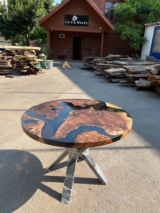 Epoxy Resin Coffee Table, Custom 40” Diameter Round Table, Aesthetic Black Epoxy Table for Mark