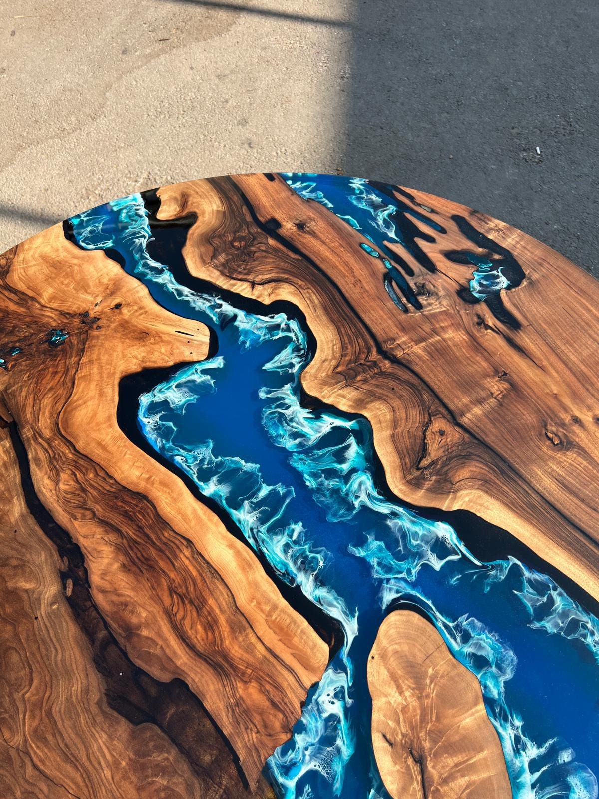 Round Dining Table, Epoxy Table, Epoxy Dining Table, Custom 45” Diameter Round Walnut Wood Blue Epoxy Dining Table, Custom Order for Edward