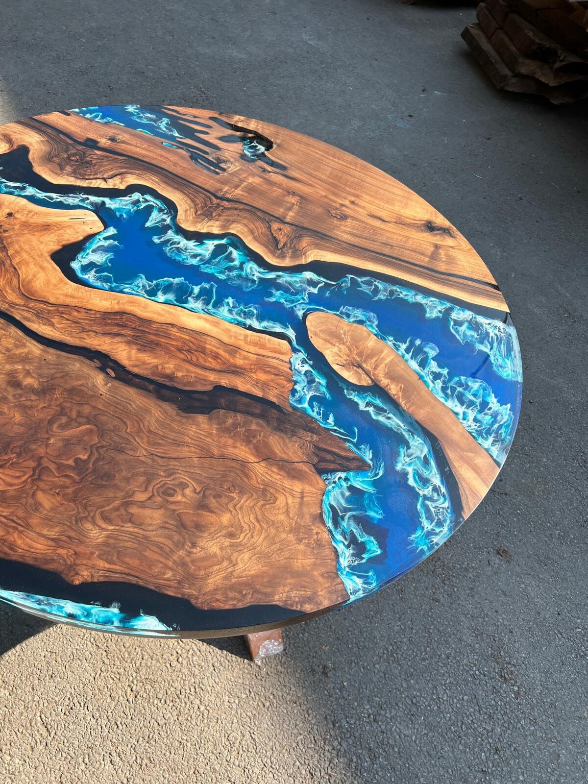 Round Dining Table, Epoxy Table, Epoxy Dining Table, Custom 45” Diameter Round Walnut Wood Blue Epoxy Dining Table, Custom Order for Edward