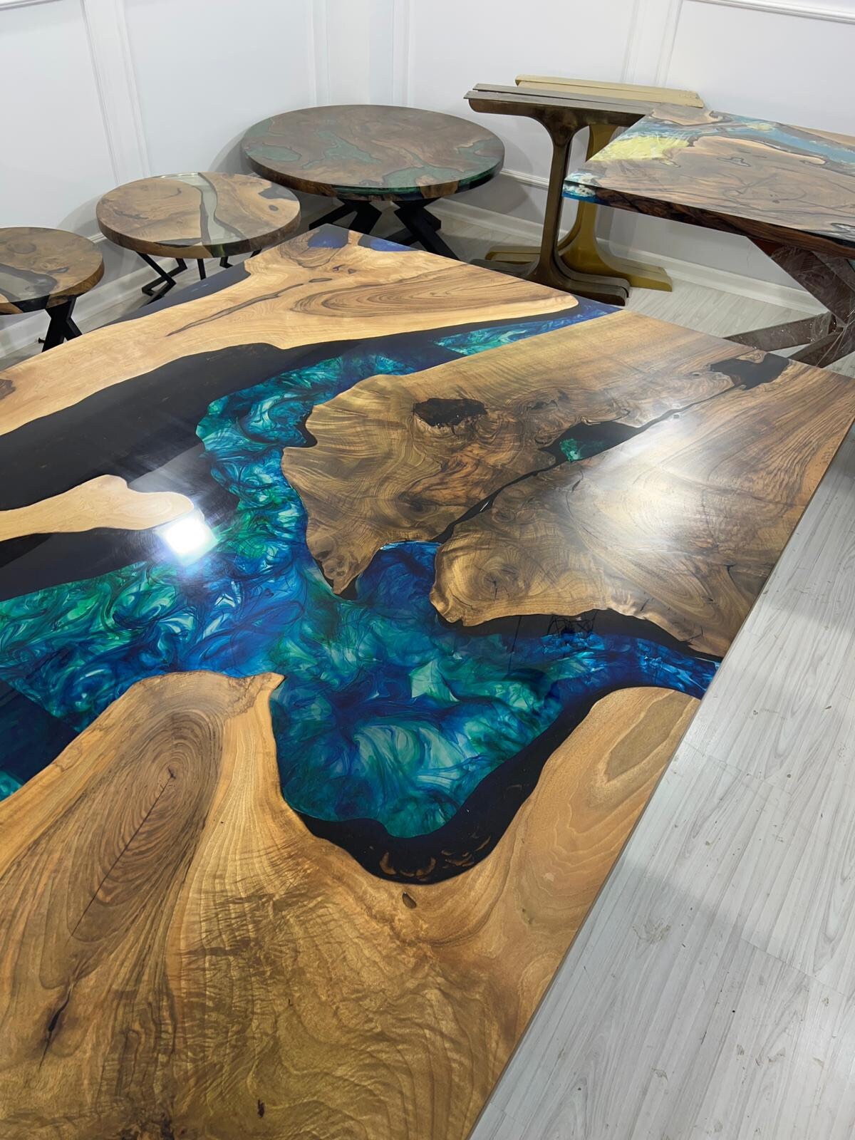 Walnut Dining Table, Custom 115” x 52” Walnut Translucent Green Table, Epoxy River Dining Table, Live Edge Table, Custom Order for Lisa M