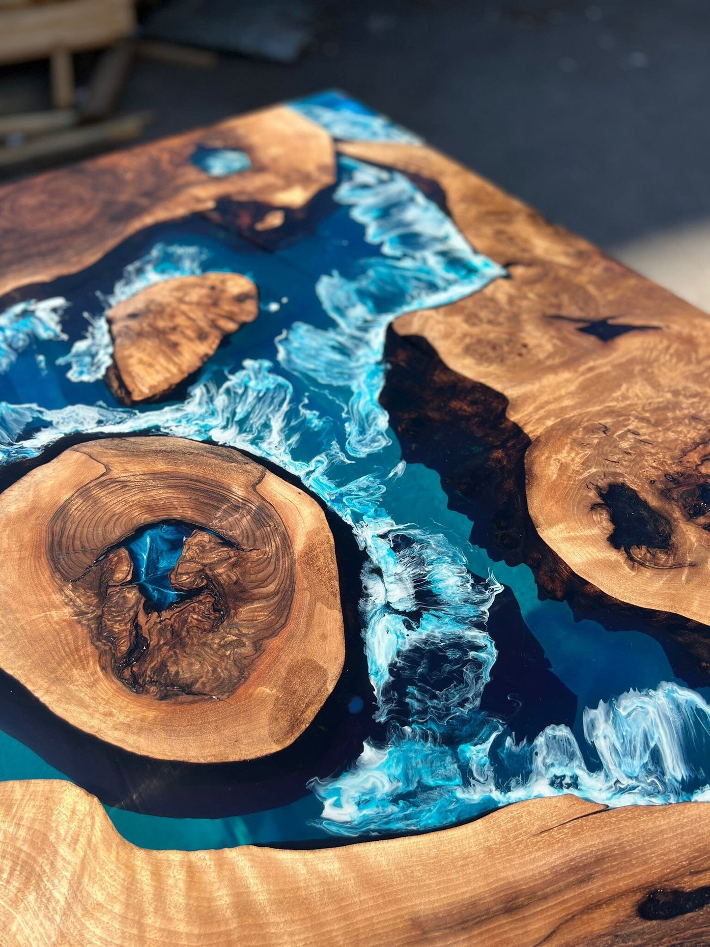 Walnut Dining Table, Live Edge Table, Custom 96” x 40” Walnut Blue Table, Turquoise Green Epoxy Table, Epoxy Dining Table, for Charlotte2