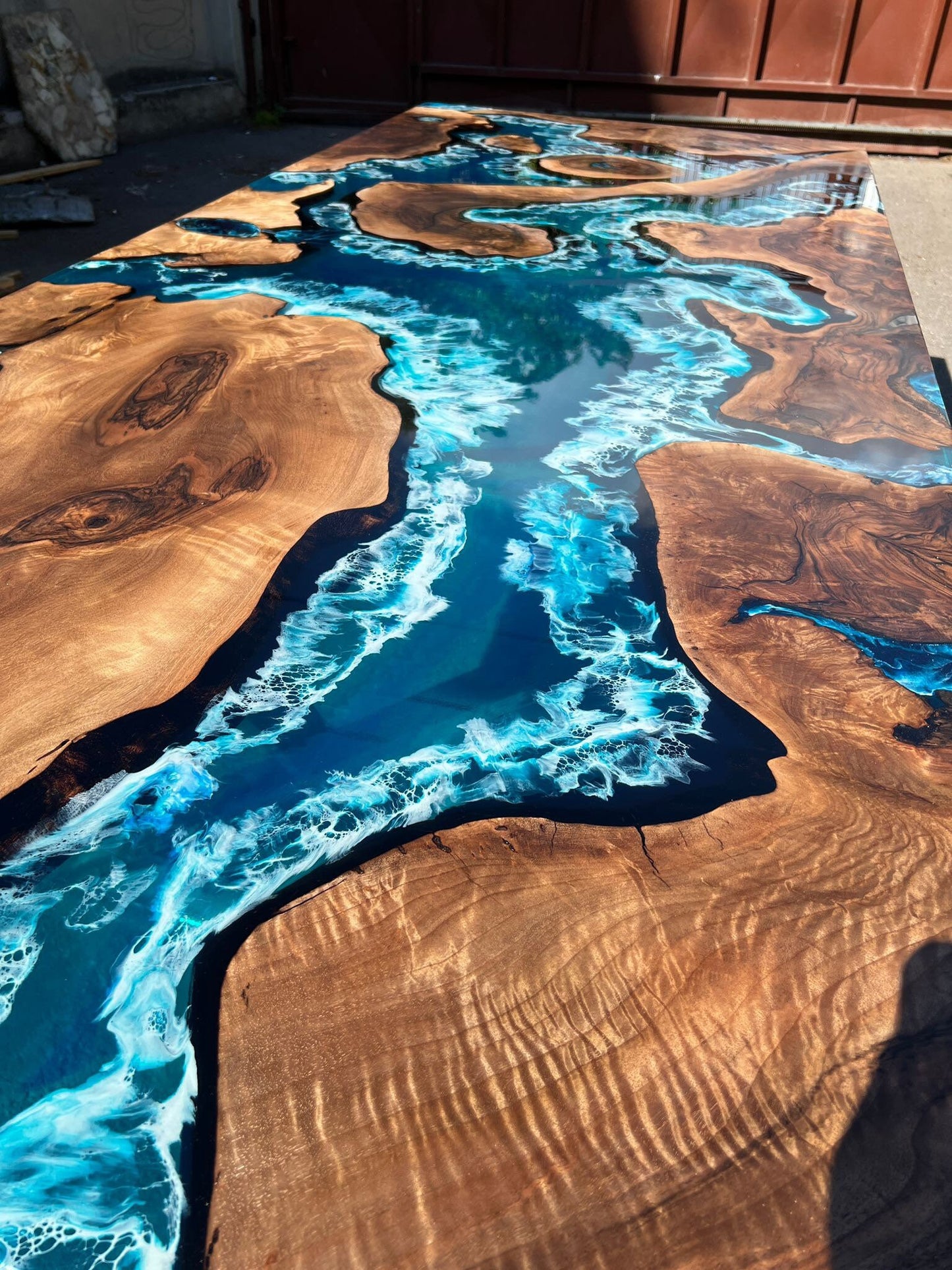 Walnut Dining Table, Live Edge Table, Custom 96” x 40” Walnut Blue Table, Turquoise Green Epoxy Table, Epoxy Dining Table, for Charlotte2