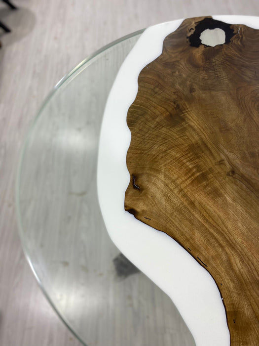 Round Dining Table, Custom 42” Diameter Round Table, Walnut Wood White and Clear Epoxy Resin Table, Order Name for Melanie