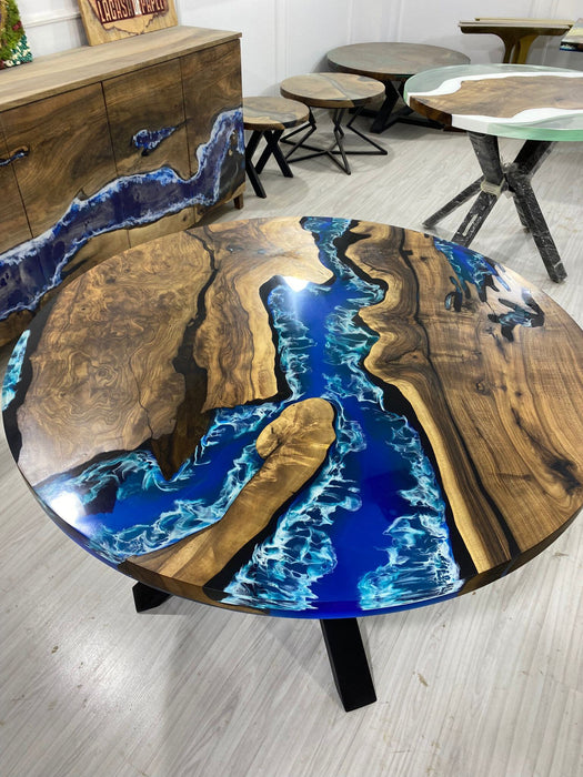 Round Dining Table, Custom 45” Diameter Round Walnut Wood Blue Table, Turquoise, White Waves Epoxy Dining Table, Custom Order for Edward