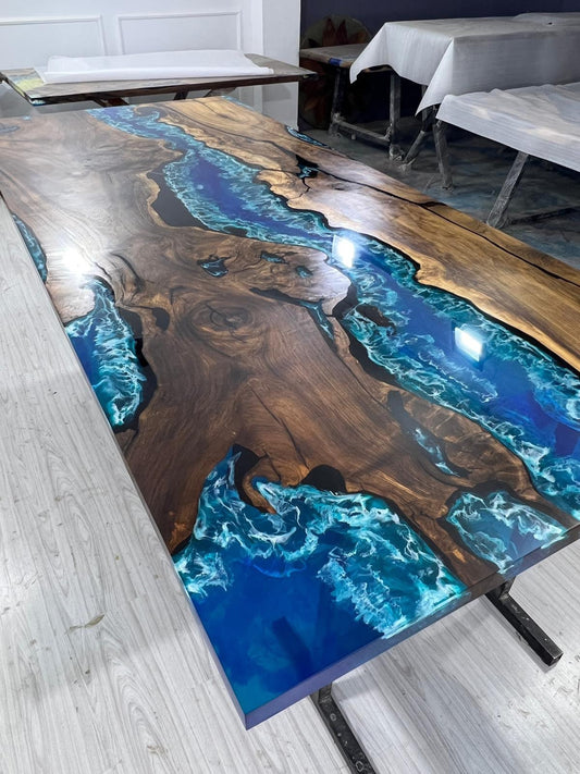 Walnut Dining Table, Live Edge Table, Custom 115” x 50” Walnut Ocean Blue, Turquoise White Waves Epoxy, River Dining Table Order for Kishan2