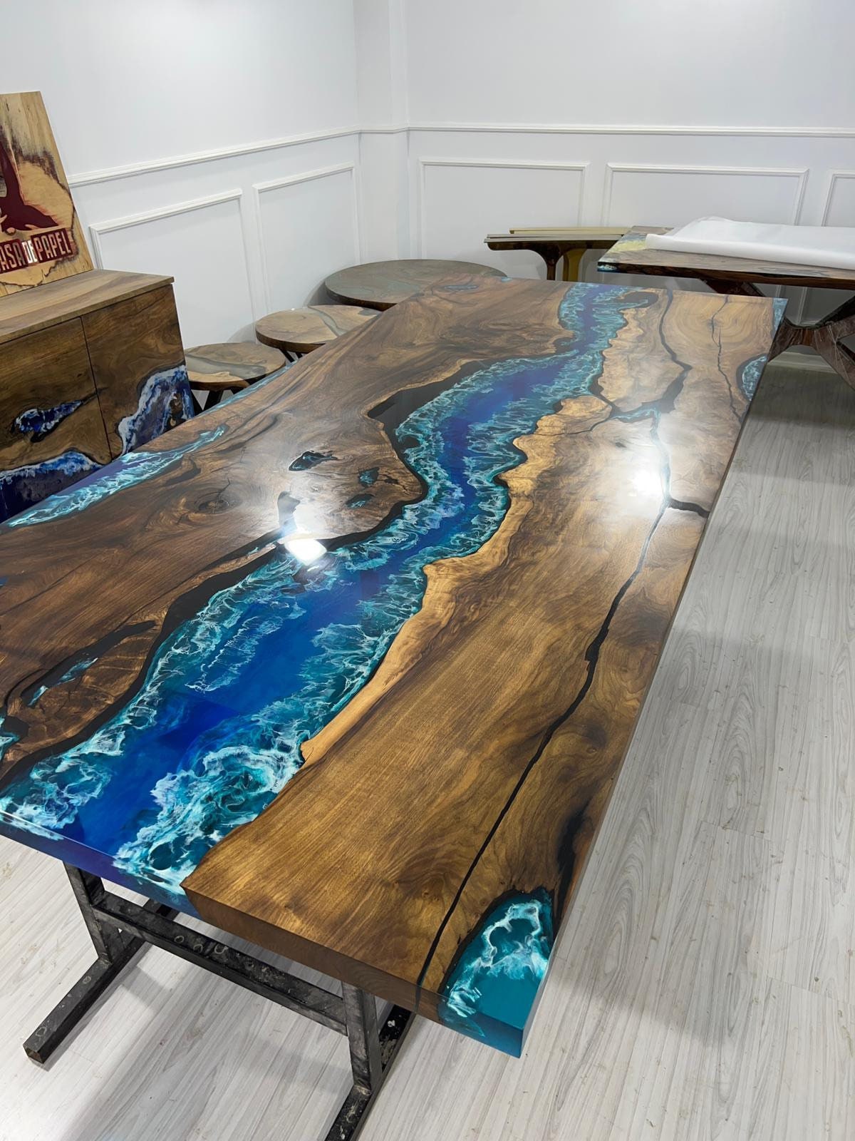 Walnut Dining Table, Live Edge Table, Custom 115” x 50” Walnut Ocean Blue, Turquoise White Waves Epoxy, River Dining Table Order for Kishan2