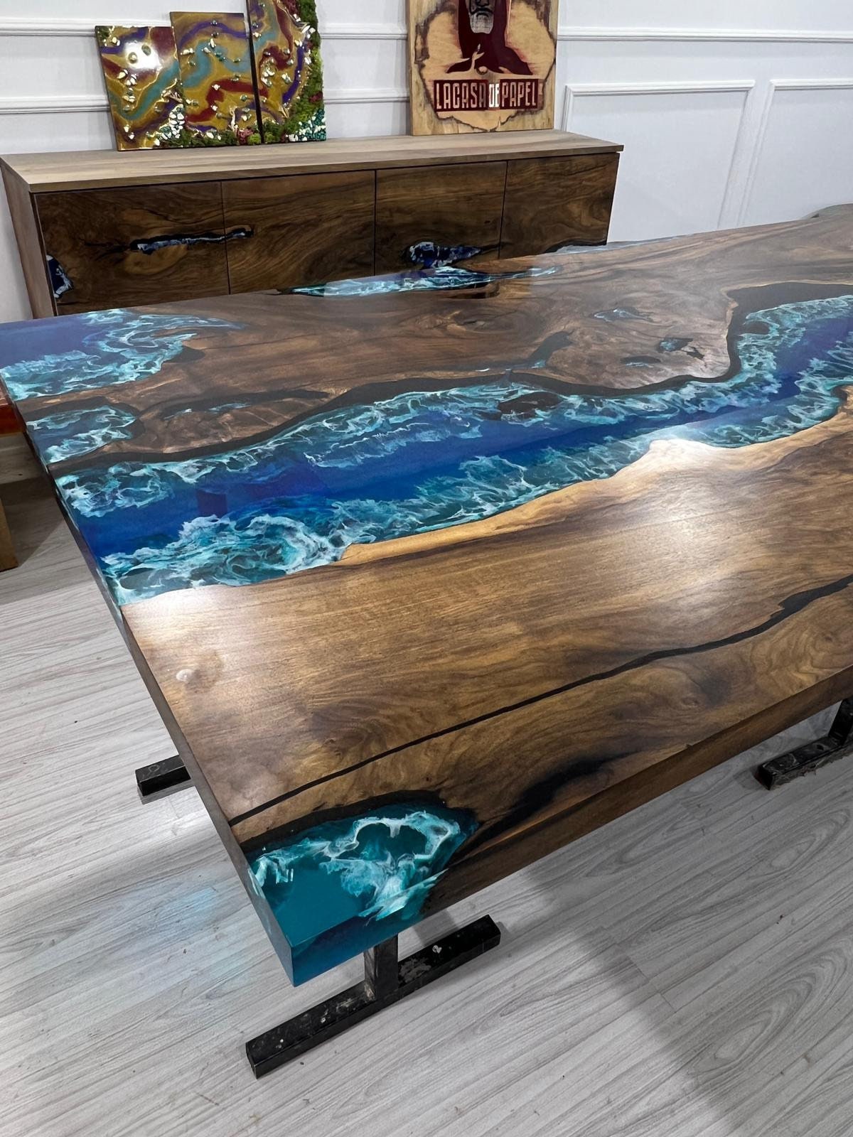 Walnut Dining Table, Live Edge Table, Custom 115” x 50” Walnut Ocean Blue, Turquoise White Waves Epoxy, River Dining Table Order for Kishan2