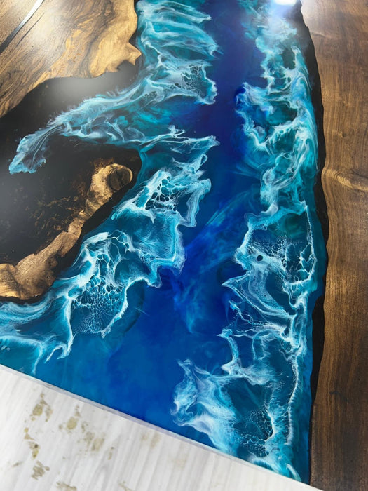 Walnut Dining Table, Live Edge Table, Custom 115” x 50” Walnut Ocean Blue, Turquoise White Waves Epoxy, River Dining Table Order for Kishan3