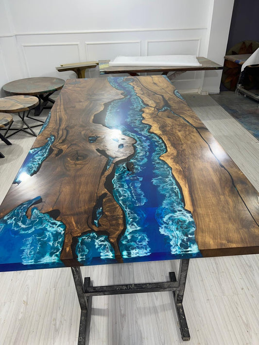 Walnut Dining Table, Live Edge Table, Custom 115” x 50” Walnut Ocean Blue, Turquoise White Waves Epoxy, River Dining Table Order for Kishan3