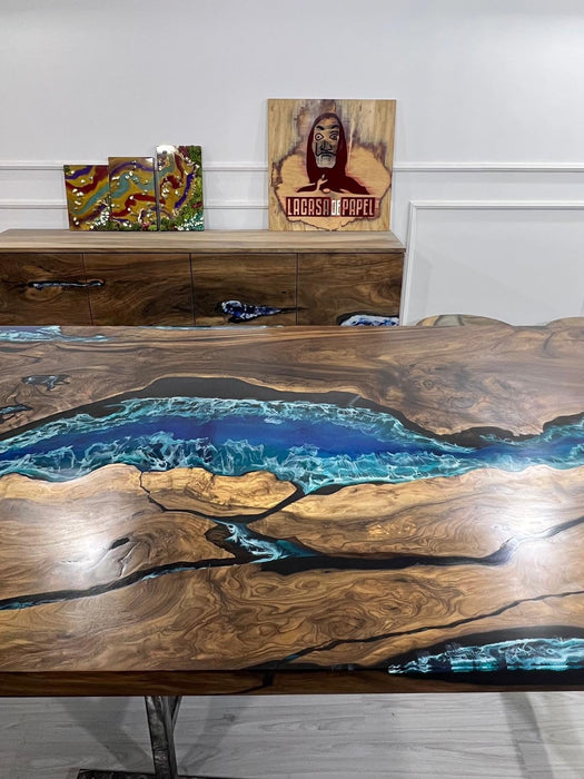 Walnut Dining Table, Live Edge Table, Custom 115” x 50” Walnut Ocean Blue, Turquoise White Waves Epoxy, River Dining Table Order for Kishan3