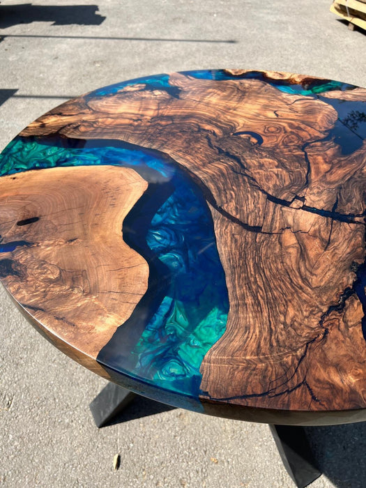 Round Dining Table, Custom 40” Round Walnut Blue Table, Turquoise, Green Epoxy Table, Epoxy Dining Table, Custom Order for Diana