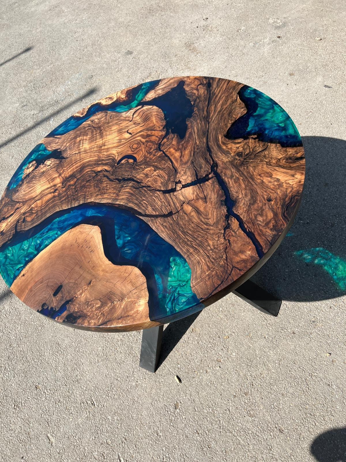 Round Dining Table, Custom 40” Round Walnut Blue Table, Turquoise, Green Epoxy Table, Epoxy Dining Table, Custom Order for Diana