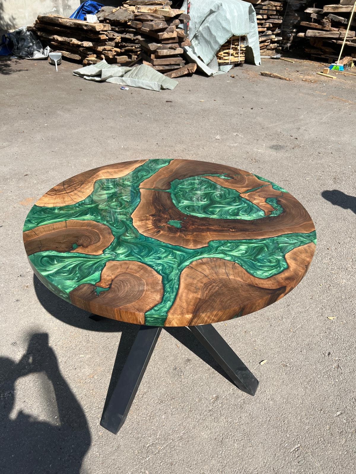 Round Dining Table, Live Edge Table, Custom 40” Diameter Round Walnut Wood Metallic Emerald Green Epoxy Dining Table, Order for Donny