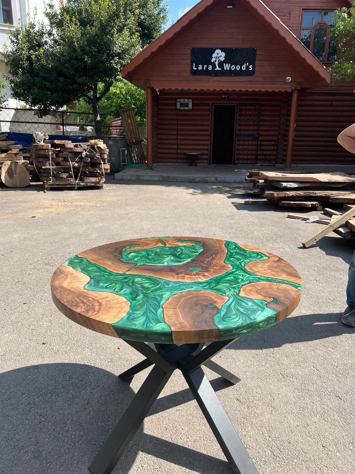 Round Dining Table, Live Edge Table, Custom 40” Diameter Round Walnut Wood Metallic Emerald Green Epoxy Dining Table, Order for Donny