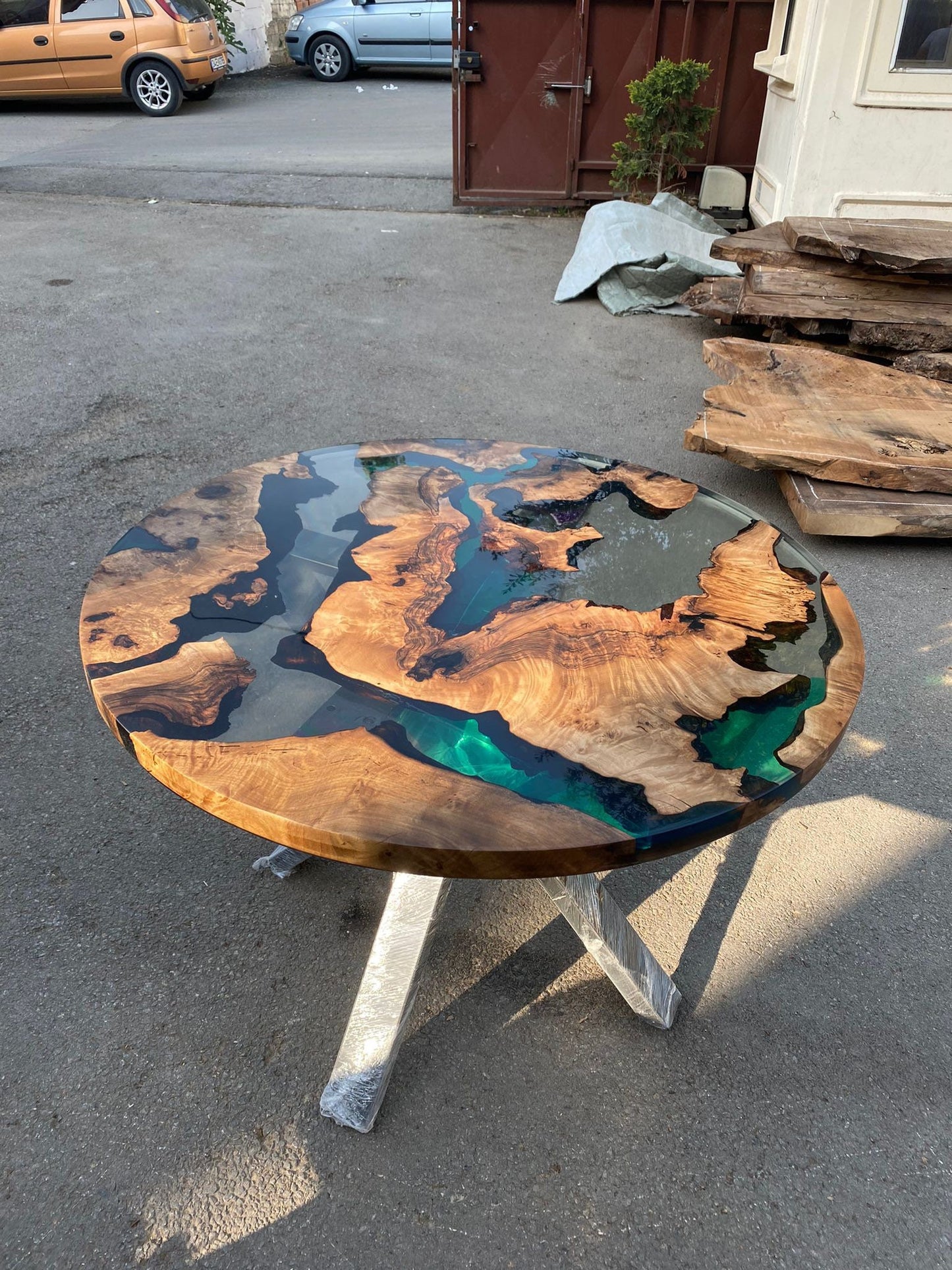 Epoxy Table, Epoxy Dining Table, Walnut Epoxy Round Dining Table, Custom 42” Round Walnut Wood Clear and Green Epoxy Table Order for Katie