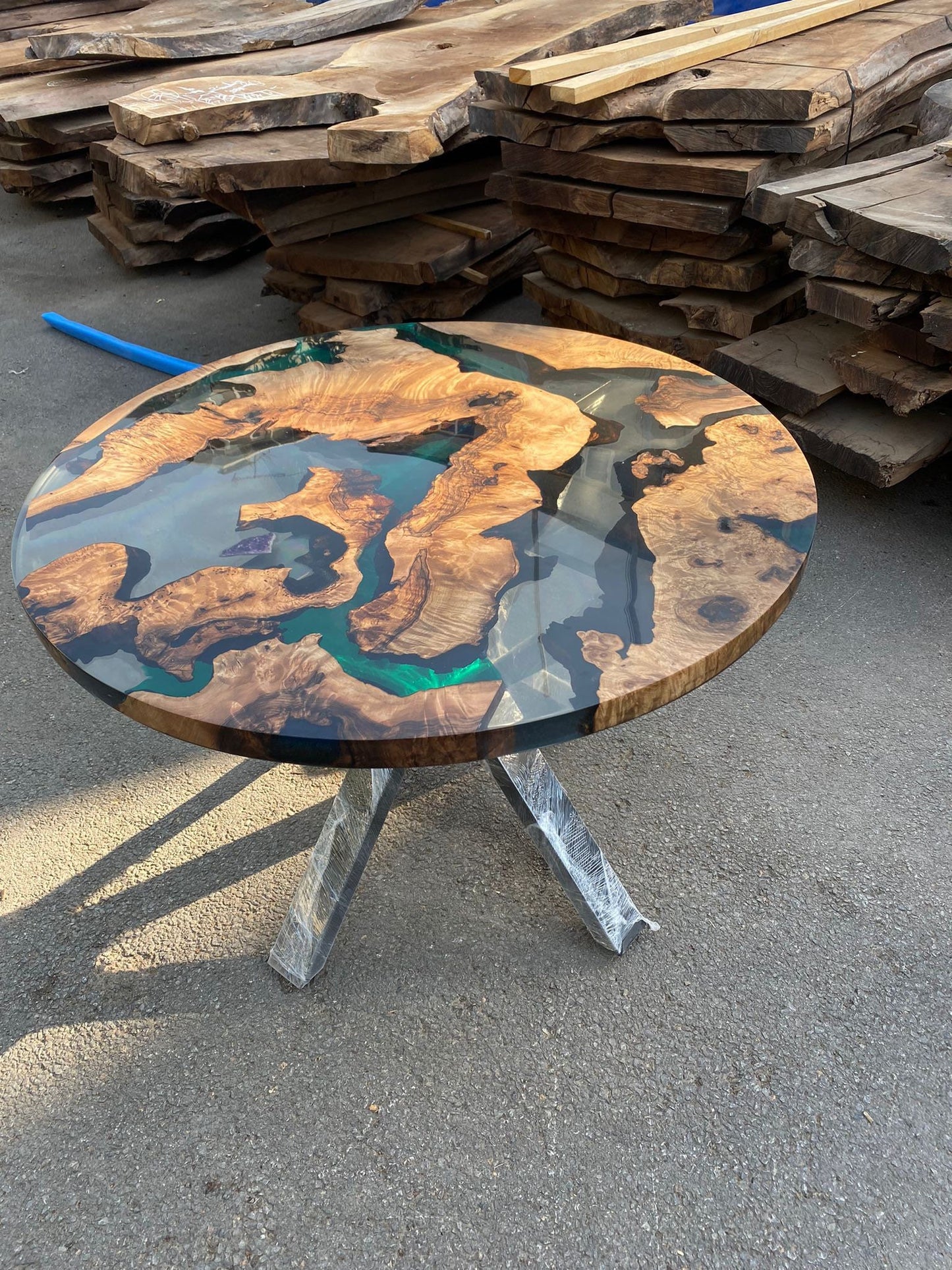 Epoxy Table, Epoxy Dining Table, Walnut Epoxy Round Dining Table, Custom 42” Round Walnut Wood Clear and Green Epoxy Table Order for Katie