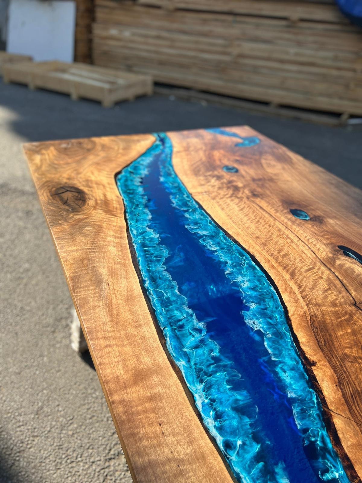 Live Edge Table, Custom 72” x 40” Walnut Wood Deep Blue and Turquoise Table, White Epoxy Table, Epoxy Resin Table, River Table, for Melissa