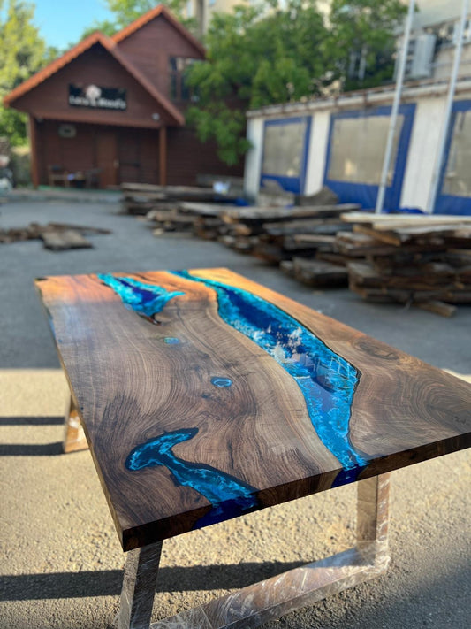 Live Edge Table, Custom 72” x 40” Walnut Wood Deep Blue and Turquoise Table, White Epoxy Table, Epoxy Resin Table, River Table, for Melissa