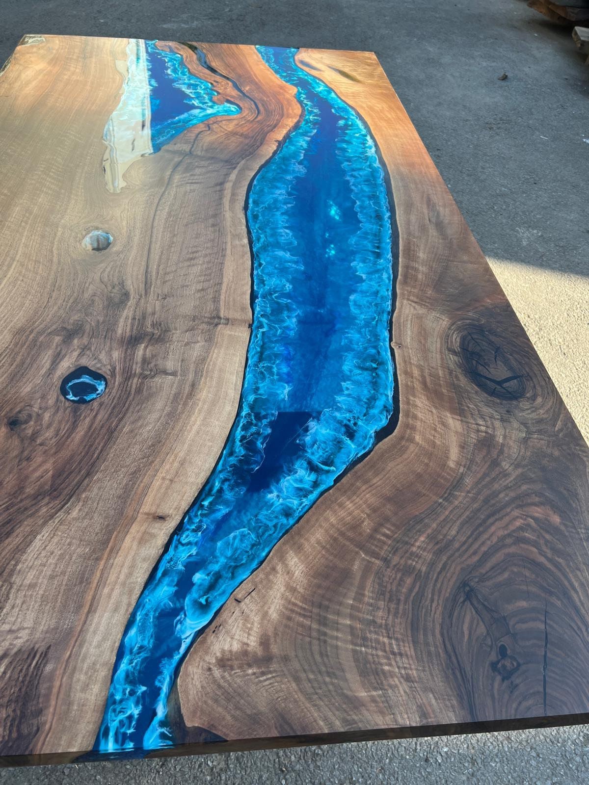 Live Edge Table, Custom 72” x 40” Walnut Wood Deep Blue and Turquoise Table, White Epoxy Table, Epoxy Resin Table, River Table, for Melissa