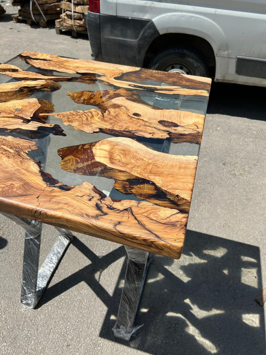 Epoxy Table, Epoxy Dining Table, Olive Epoxy River Table, Custom 32” x 32” Olive Wood Smokey Gray Table, Epoxy River Table, Order for Diana