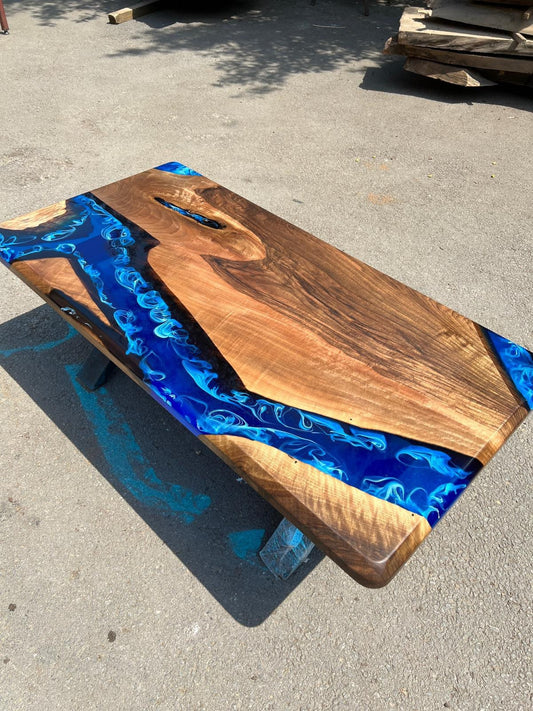 Epoxy Coffee Table, Custom 48” x 24” Walnut Ocean Blue, Turquoise White Waves Epoxy River Coffee Table Order for David, Mother gifts