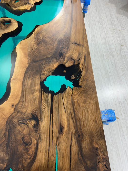 Live Edge Table, Custom 72” x 30” Walnut Translucent Transparent Turquoise Epoxy Table, Epoxy River Dining Table, Custom  Order for Kyle H