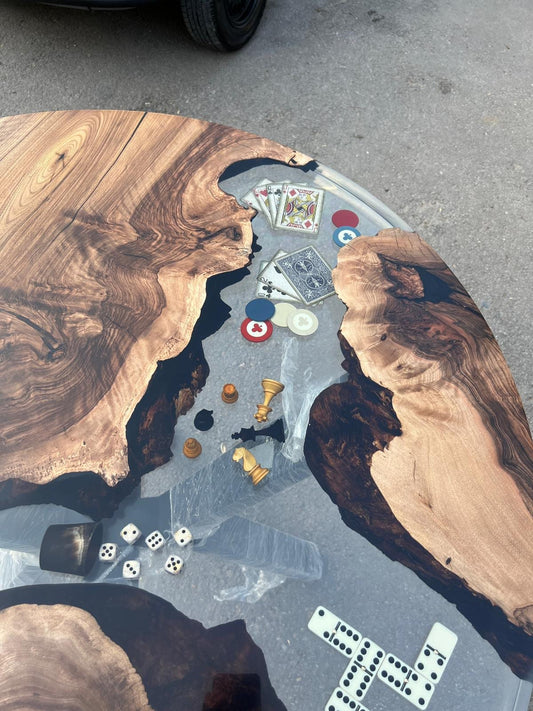 Walnut Round Epoxy Game Table, Walnut Epoxy Gamble Table, Custom 42" Epoxy Resin Poker Table Order for Kristyn Constance, Aquarium