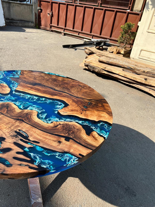 Round Dining Table, Epoxy Table, Epoxy Dining Table, Custom 45” Diameter Round Walnut Wood Blue Epoxy Dining Table, Custom Order for Edward