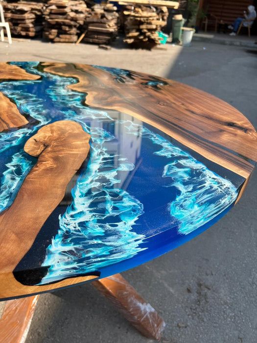 Round Dining Table, Epoxy Table, Epoxy Dining Table, Custom 45” Diameter Round Walnut Wood Blue Epoxy Dining Table, Custom Order for Edward