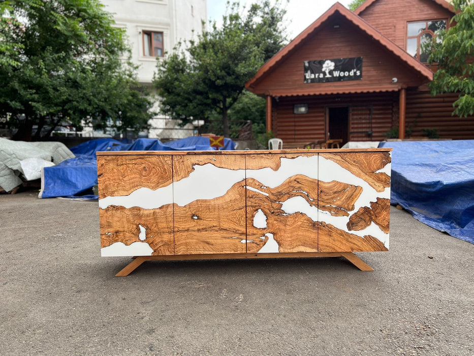 Made to Order Custom Credenza, 72” x 20” x 32” Olive Wood White Epoxy Resin Credenza, Olive Epoxy Credenza, Epoxy Buffet for Marlene