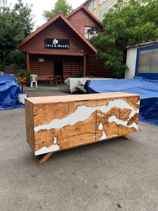 Made to Order Custom Credenza, 72” x 20” x 32” Olive Wood White Epoxy Resin Credenza, Olive Epoxy Credenza, Epoxy Buffet for Marlene