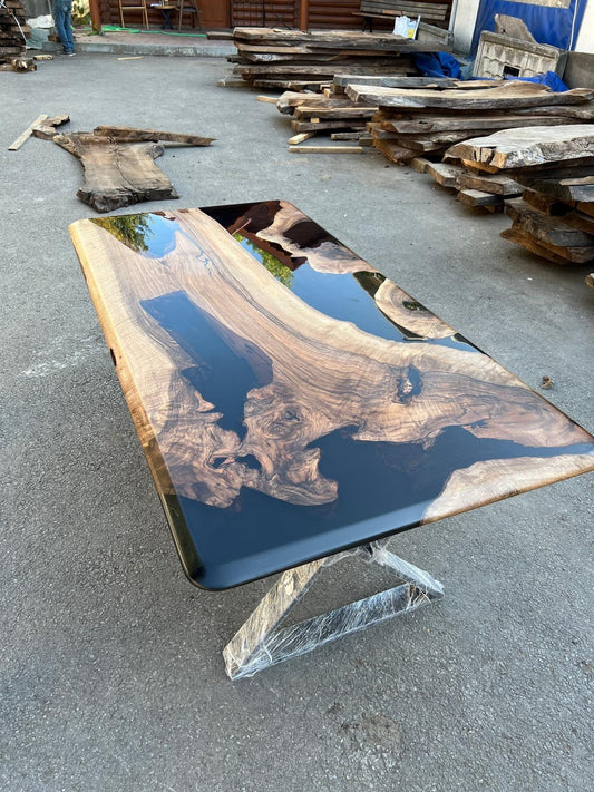 Handmade Epoxy Table, Epoxy Resin Table, Custom 72" x 36” Walnut Black Epoxy River Dining Table Order for Randol