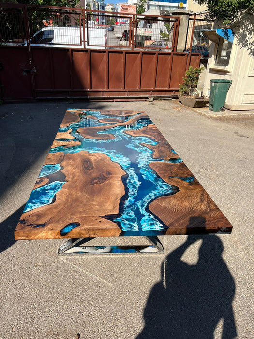 Walnut Dining Table, Live Edge Table, Custom 96” x 40” Walnut Blue Table, Turquoise Green Epoxy Table, Epoxy Dining Table, for Charlotte2